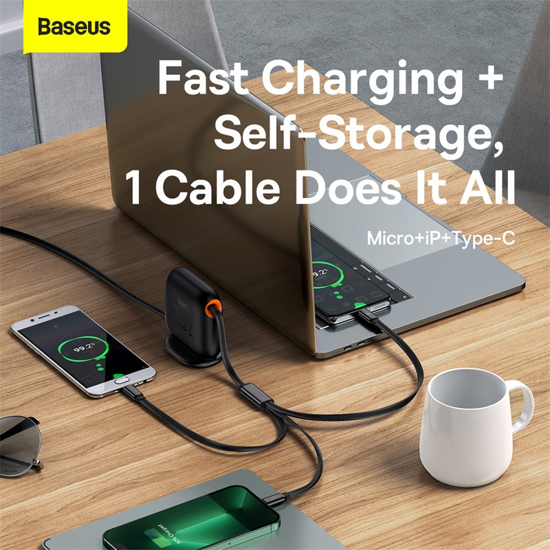Baseus 100W 3 u 1 USB C kabel za iPhone 12 13 Punjač Micro USB Type C Brzo punjenje za Macbook Samsung Xiaomi Retractable Cord