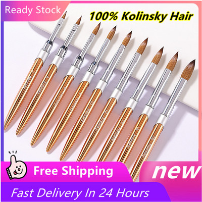 Нова 100% чиста акрилна четка за нокти Kolinsky Hair Rose Gold, овална гофрирана метална дръжка, професионална четка за нокти от салонно качество