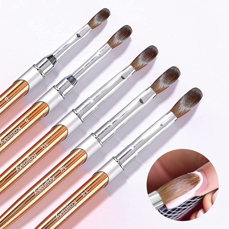 Új, 100% tisztaságú Kolinsky Hair Rose Gold akril körömkefe ovális hullámos formájú fém nyéllel professzionális szalon minőségi körömkefe