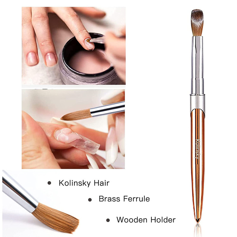 Új, 100% tisztaságú Kolinsky Hair Rose Gold akril körömkefe ovális hullámos formájú fém nyéllel professzionális szalon minőségi körömkefe