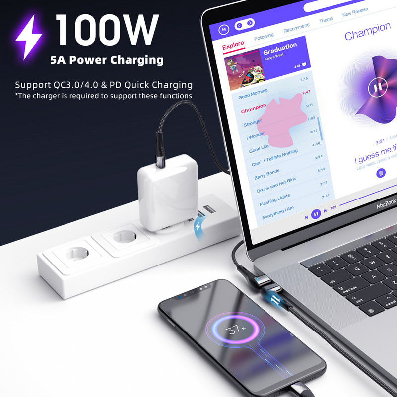 Cablu magnetic USB C pentru laptop FONKEN 100W 1,5 m 5A Cablu de încărcare magnetică tip C la USB C QC3.0 4.0 PD Cablu de încărcare rapidă pentru telefon