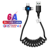 6A 3 az 1-ben rugós töltőkábel Huawei Xiaomi Samsung Micro 8 tűs Type-C gyorstöltőhöz iPhone-hoz Behúzható USB adatkábel