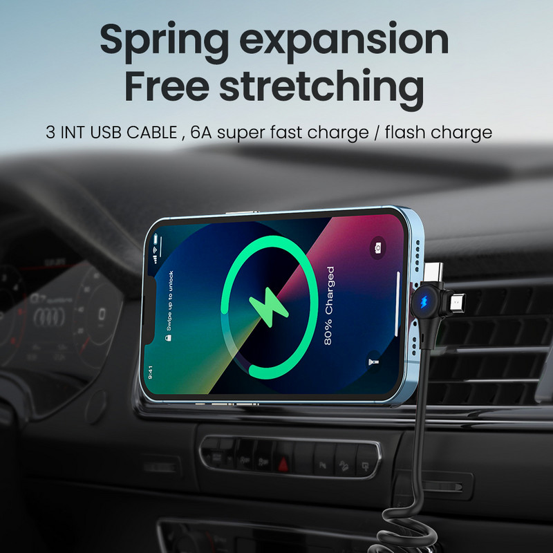 6A 3 az 1-ben rugós töltőkábel Huawei Xiaomi Samsung Micro 8 tűs Type-C gyorstöltőhöz iPhone-hoz Behúzható USB adatkábel