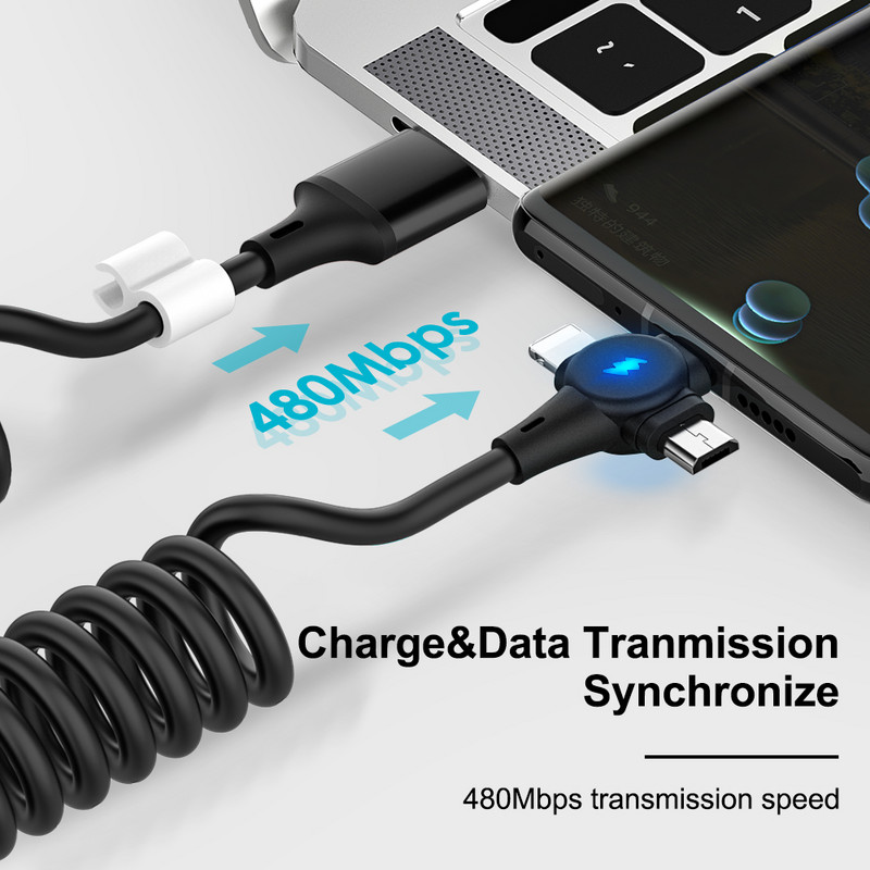 6A 3 az 1-ben rugós töltőkábel Huawei Xiaomi Samsung Micro 8 tűs Type-C gyorstöltőhöz iPhone-hoz Behúzható USB adatkábel