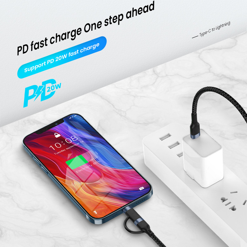 3A kábel s dvojitým konektorom Type-C na 8-pinový konektor 60W/20W 2 v 1, rýchlonabíjací kábel 1 m, dátový kábel USB-C pre iPhone 14 13 12 Pro, MacBook