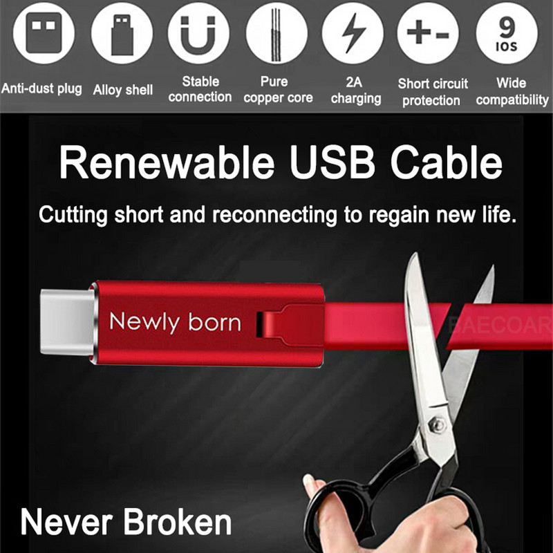 BAECOAR 2M javítható USB kábel Micro USB Type C kábel Állítható C típusú telefonkábel Vágható telefon töltő iPhone Androidhoz