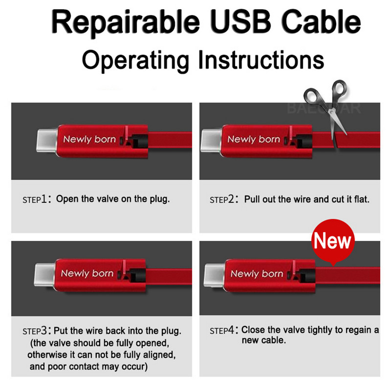 BAECOAR 2M javítható USB kábel Micro USB Type C kábel Állítható C típusú telefonkábel Vágható telefon töltő iPhone Androidhoz
