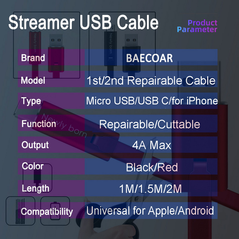 BAECOAR 2M javítható USB kábel Micro USB Type C kábel Állítható C típusú telefonkábel Vágható telefon töltő iPhone Androidhoz