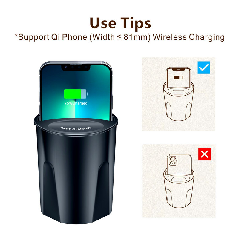 Car Cup típusú telefontartó Fast QI vezeték nélküli autós töltő multifunkcionális autós telefon állvány konzoltartó iPhone Samsung Xiaomi készülékhez