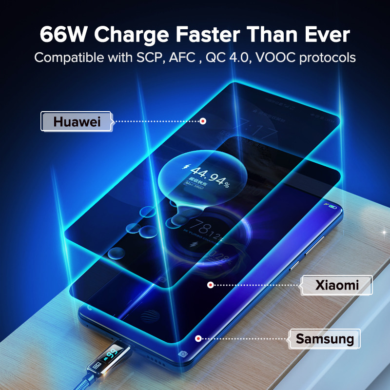 QOOVI 6A USB Type-C kábel 66W rýchle nabíjanie digitálny kábel pre displej rýchlonabíjačka pre Huawei P40 Xiaomi Samsung OnePlus