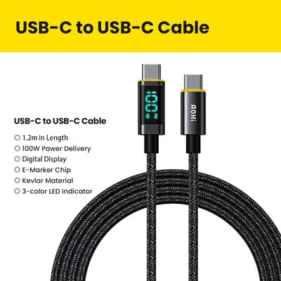 AOHI 1,2 m USB C kabel 100 W PD Tip C Brzo punjenje za Galaxy MacBook Huawei Xiaomi LED digitalni zaslon Podatkovni kabel Podaci za telefone