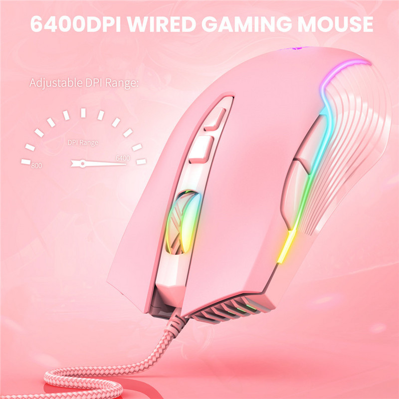 ONIKUMA 6400 DPI vezetékes játékegér lélegző LED optikai USB 7 gombos játékos számítógép rózsaszín egerek laptop PC asztali számítógéphez