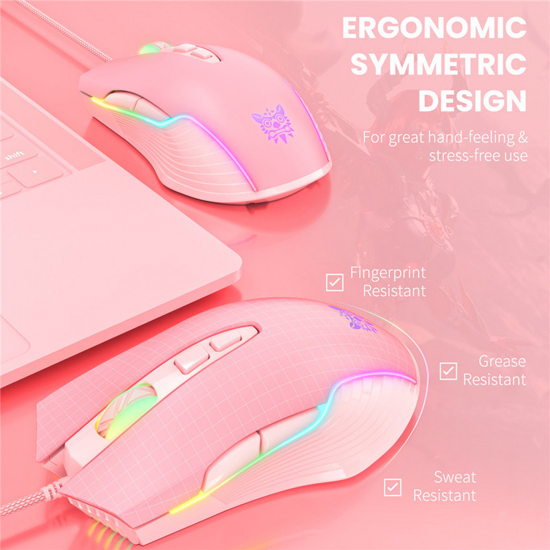 ONIKUMA 6400 DPI vezetékes játékegér lélegző LED optikai USB 7 gombos játékos számítógép rózsaszín egerek laptop PC asztali számítógéphez