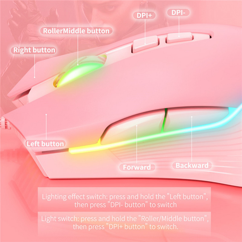 ONIKUMA 6400 DPI vezetékes játékegér lélegző LED optikai USB 7 gombos játékos számítógép rózsaszín egerek laptop PC asztali számítógéphez