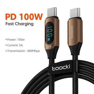 Toocki USB C - USB C kábel Gyorstöltő 100W 66W digitális kijelző PD Type C töltőkábel Huawei Samsung Xiaomi Macbook USBC-hez