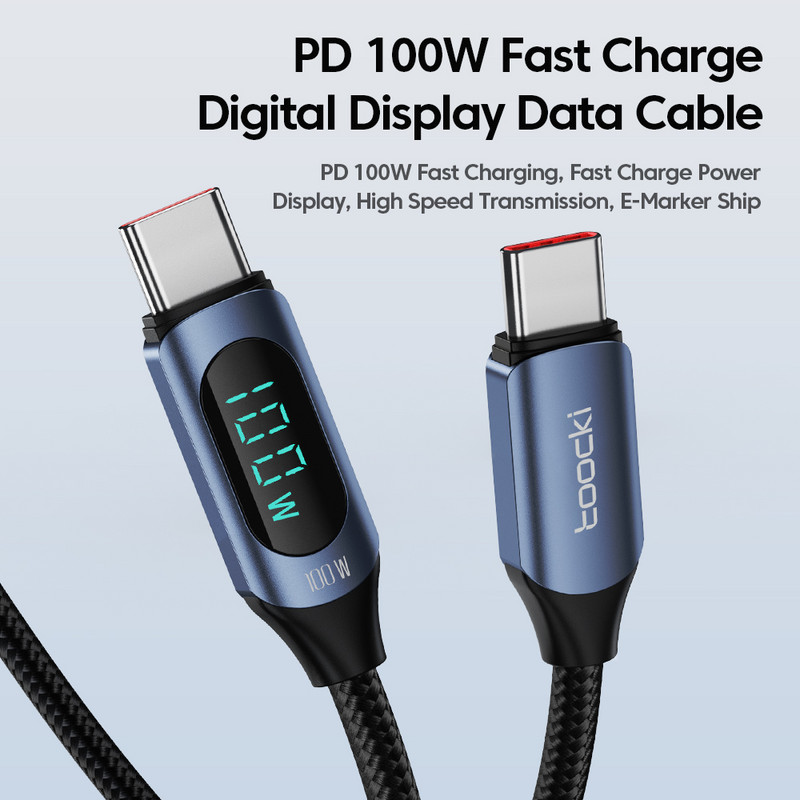 Toocki USB C - USB C kábel Gyorstöltő 100W 66W digitális kijelző PD Type C töltőkábel Huawei Samsung Xiaomi Macbook USBC-hez