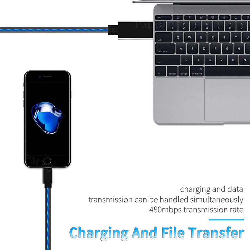 Kvēlojošs LED apgaismojums Ātrās uzlādes sinhronizācijas dati USB tipa C kabelis Tālruņa kabelis USB C mikro lādētāja kabeļa vads iPhone Huawei Samsung
