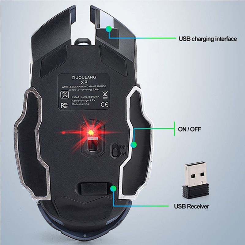 2400DPI Gaming Mouse X8 Ασύρματο ποντίκι Επαναφορτιζόμενο Αθόρυβο LED με οπίσθιο φωτισμό USB Οπτικά εργονομικά ποντίκια LOL Ποντίκια σερφ για PC Gamer