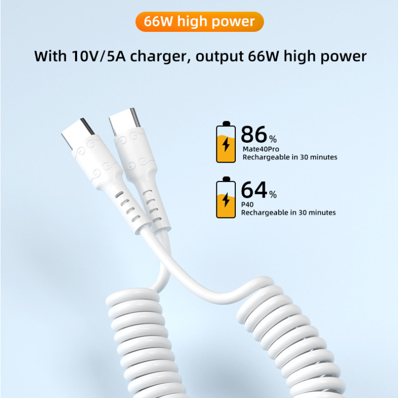 NOHON 2m spyruoklinis USB C iki C tipo laidas 66W PD greito įkrovimo įkroviklio laidas, skirtas iPad Samsung Xiaomi USBC Type-c laidas