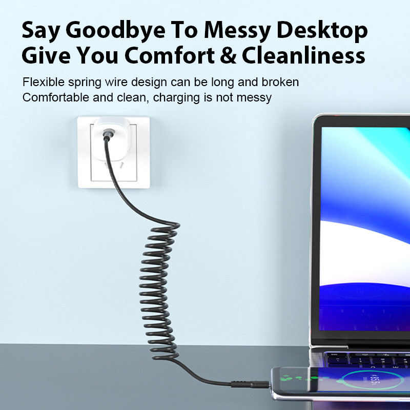 NOHON 2m spyruoklinis USB C iki C tipo laidas 66W PD greito įkrovimo įkroviklio laidas, skirtas iPad Samsung Xiaomi USBC Type-c laidas