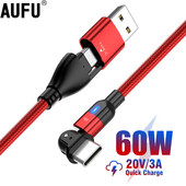 AUFU 180 Rotate PD 60W USB Type C kábel QC3.0 Fast Charge adatkábel Macbookhoz Samsung Xiaomi USB C kábel Huawei P40-hez