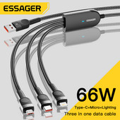 Essager 6A 66W 3 in 1 USB Type C kabelis Micro USB laidas skirtas iPhone 14 13 Pro Max Samsung Xiaomi Huawei POCO mobiliojo telefono duomenų laidas