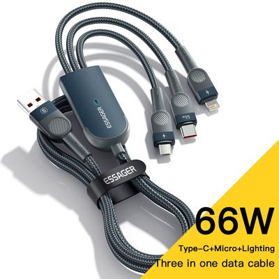 Essager 6A 66W 3 in 1 USB Type C kabelis Micro USB laidas skirtas iPhone 14 13 Pro Max Samsung Xiaomi Huawei POCO mobiliojo telefono duomenų laidas