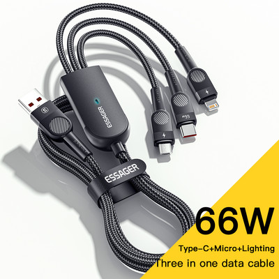 Essager 6A 66W 3 in 1 USB Type C kabelis Micro USB laidas skirtas iPhone 14 13 Pro Max Samsung Xiaomi Huawei POCO mobiliojo telefono duomenų laidas