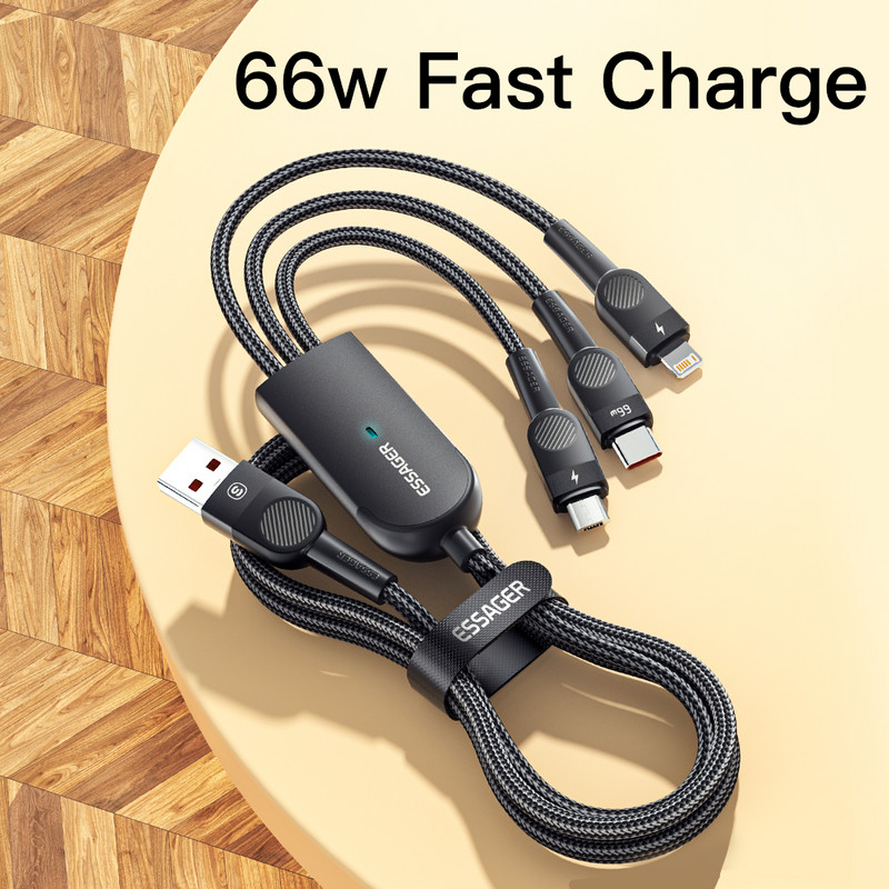 Essager 6A 66W 3 in 1 USB Type C kabelis Micro USB laidas skirtas iPhone 14 13 Pro Max Samsung Xiaomi Huawei POCO mobiliojo telefono duomenų laidas