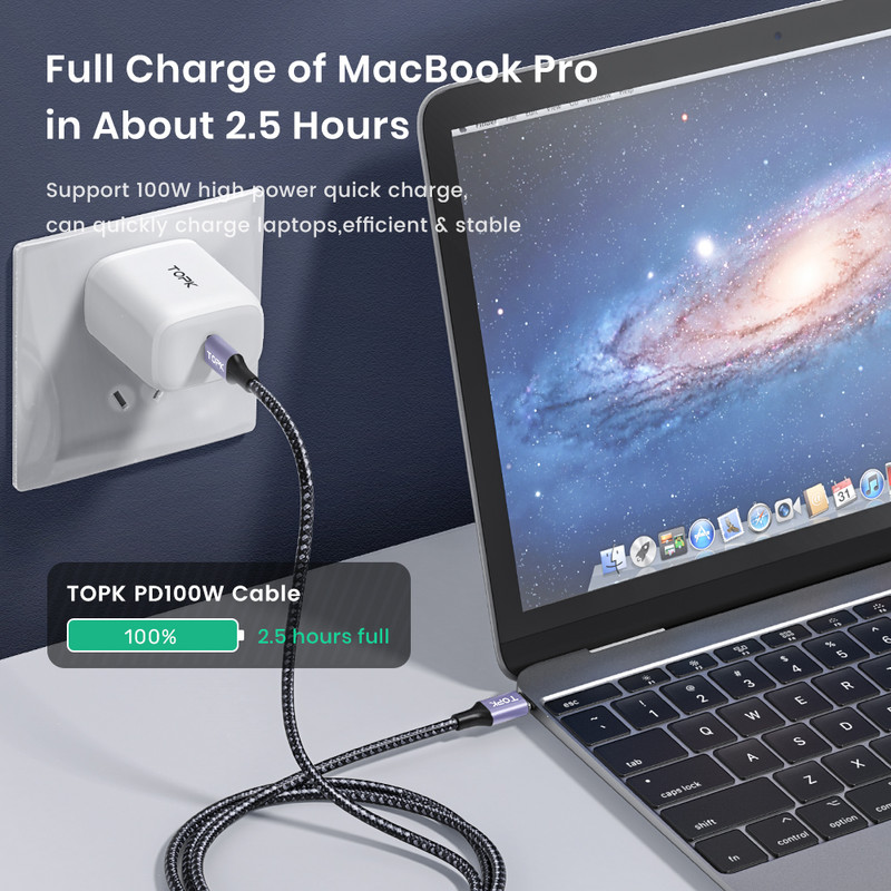 TOPK AC10 100W USB C prie USB tipo C laidas 5A greito greito įkrovimo telefono įkrovimo laidas, skirtas Macbook Pro iPad Matebook Xiaomi Samsung