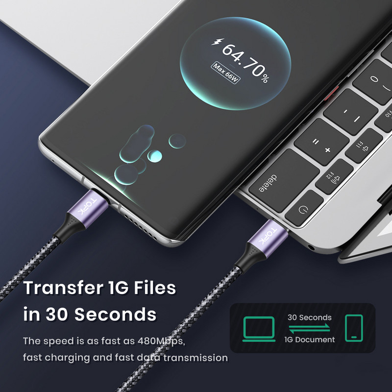 TOPK AC10 100W USB C prie USB tipo C laidas 5A greito greito įkrovimo telefono įkrovimo laidas, skirtas Macbook Pro iPad Matebook Xiaomi Samsung