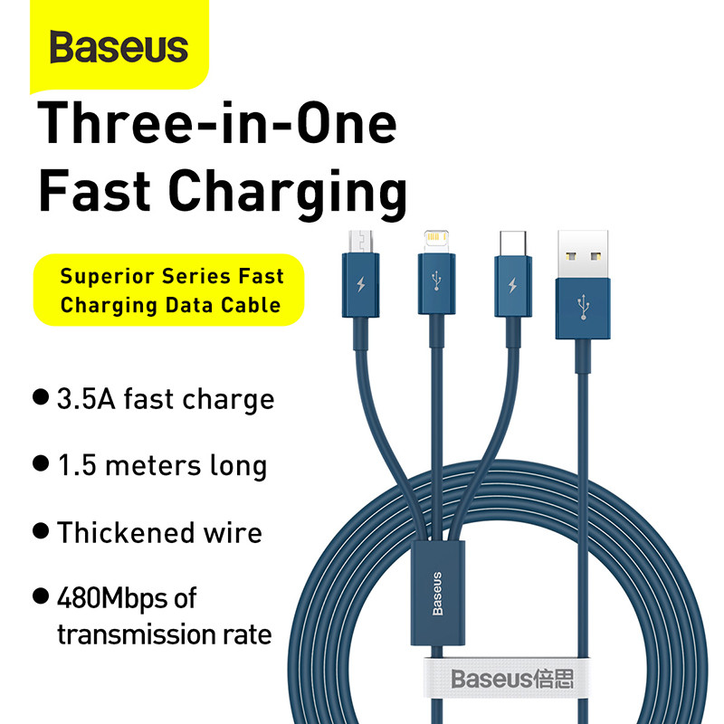 Baseus 3 u 1 USB kabel za iPhone 13 12 X 11 Pro Max Samsung S20 Xiaomi Mi 9 3.5A Micro USB Type C Kabel punjača za brzo punjenje