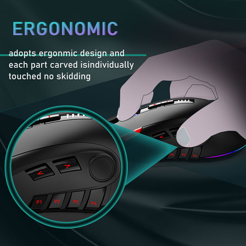 AULA H512 RGB foninio apšvietimo žaidimų pelė 12 mygtukų programavimo 5000 DPI optinė USB laidinė pelė su ugnies klavišais nešiojamam kompiuteriui