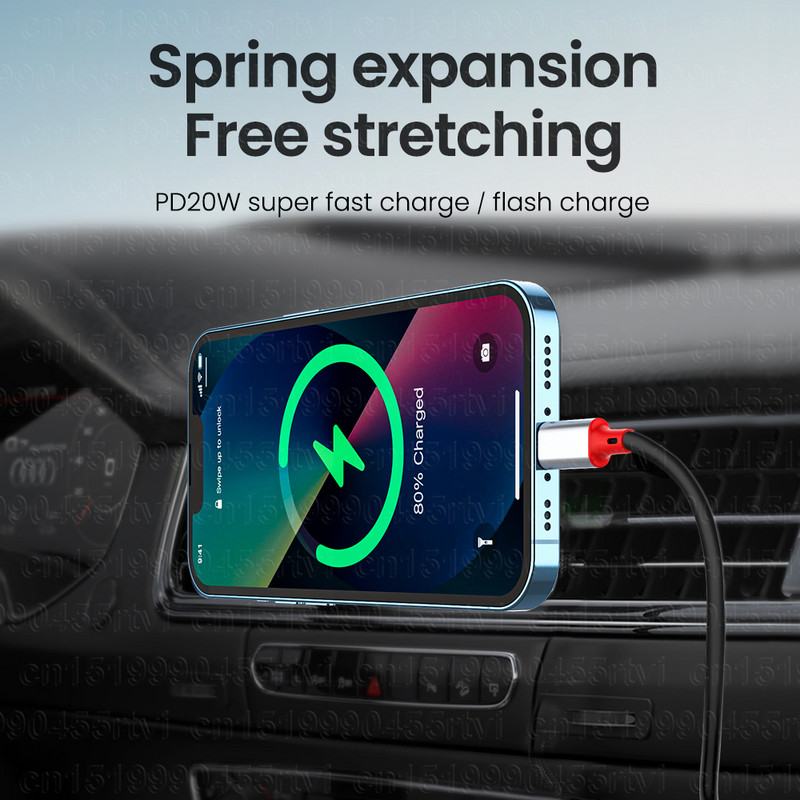 PD 20W spyruoklinis USB C kabelis Greito įkrovimo ištraukiamas kabelis USB C 8 kontaktų įkroviklio laidas, skirtas iPhone 13 12 11 QC4.0 C tipo duomenų laidui