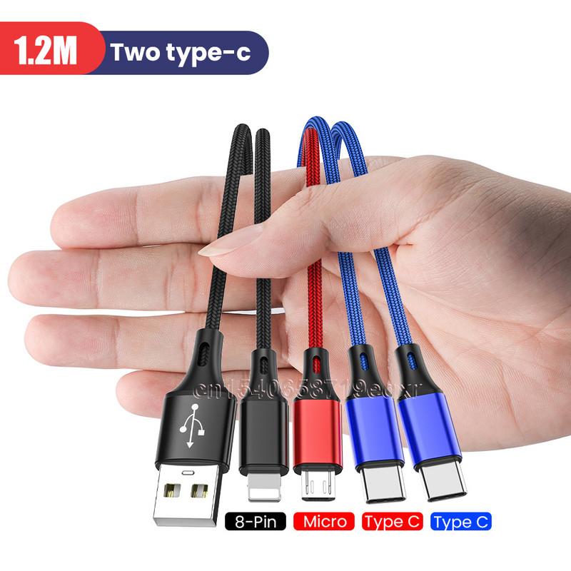 3A 4 viename USB kabelis C įkrovimo kabelis Mikro USB įkrovimo laidas skirtas iPhone 13 12 11 Huawei Xiaomi Samsung Lightning Cable duomenų kabelis