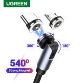 UGREEN USB magnetinis įkrovimo kabelis 540 laipsnių besisukantis greitas įkrovimas Micro USB Type C telefono įkroviklio duomenų kabelis Micro USB Type C