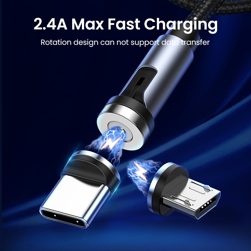 UGREEN USB magnetinis įkrovimo kabelis 540 laipsnių besisukantis greitas įkrovimas Micro USB Type C telefono įkroviklio duomenų kabelis Micro USB Type C