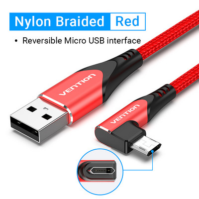 Vention Micro USB kabelis 3A 90 laipsnių greito įkrovimo duomenų kabelis, skirtas Xiaomi Remdi Samsung Android mobiliojo telefono USB įkroviklio laido laidas