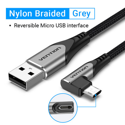 Vention Micro USB kabelis 3A 90 laipsnių greito įkrovimo duomenų kabelis, skirtas Xiaomi Remdi Samsung Android mobiliojo telefono USB įkroviklio laido laidas