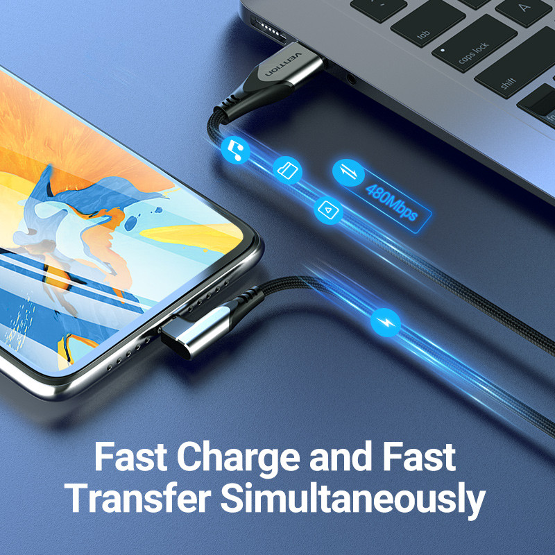 Vention Micro USB kabelis 3A 90 laipsnių greito įkrovimo duomenų kabelis, skirtas Xiaomi Remdi Samsung Android mobiliojo telefono USB įkroviklio laido laidas