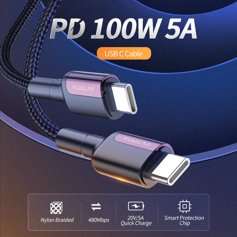 KUULAA USB C į USB Type C laidas PD 100W greitas įkrovimas, skirtas Samsung S10 S9 MacBook iPad Huawei greito įkrovimo laidas USBC laidas