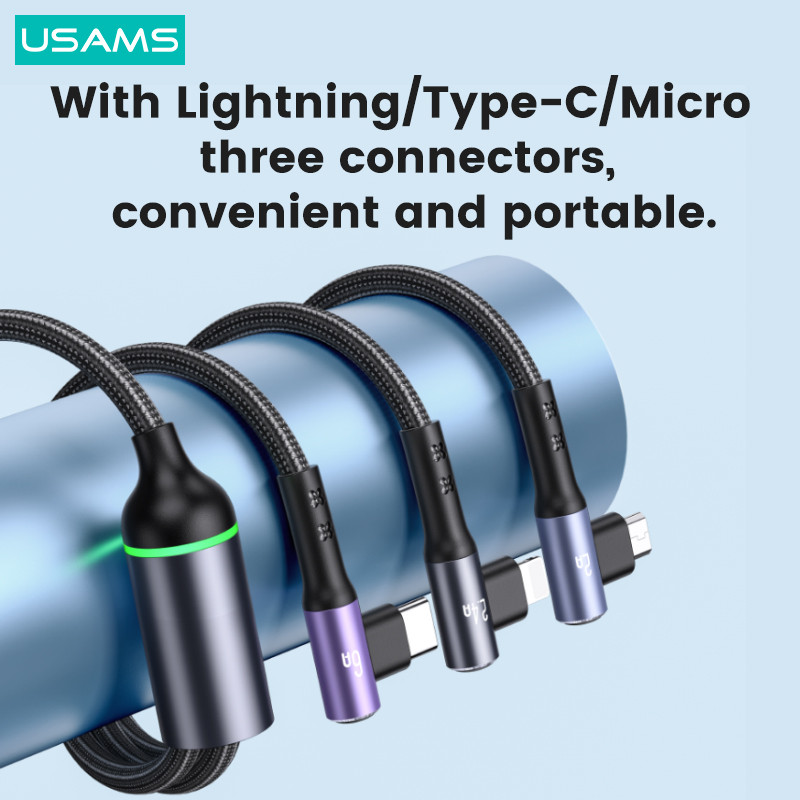 USAMS 66W 3 viename alkūninio žaidimo kabelis stačiu kampu C tipo Lightning Micro USB greitas laidas skirtas iPhone iPad Huawei Xiaomi Samsung OPPO
