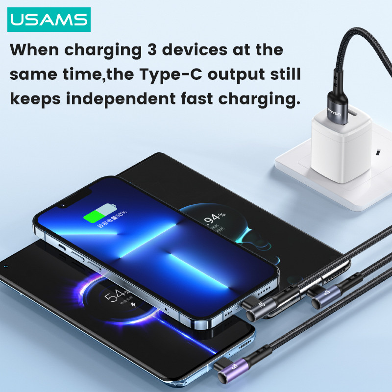 USAMS 66W 3 viename alkūninio žaidimo kabelis stačiu kampu C tipo Lightning Micro USB greitas laidas skirtas iPhone iPad Huawei Xiaomi Samsung OPPO