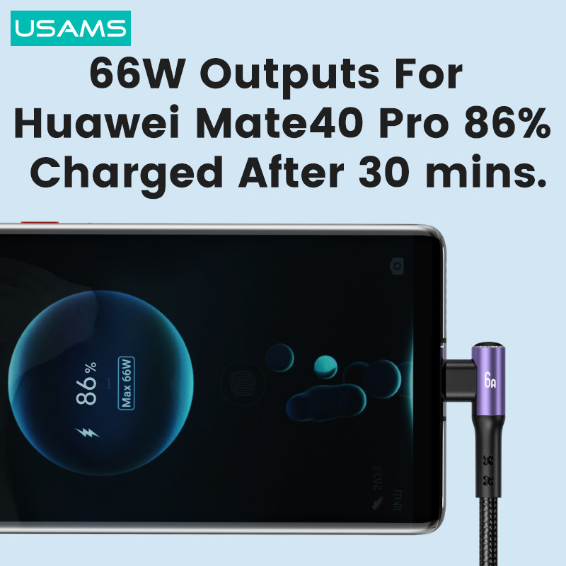 USAMS 66W 3 viename alkūninio žaidimo kabelis stačiu kampu C tipo Lightning Micro USB greitas laidas skirtas iPhone iPad Huawei Xiaomi Samsung OPPO