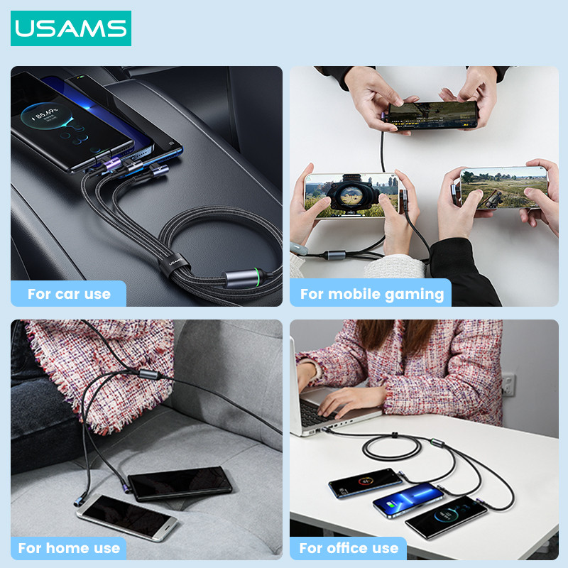 USAMS 66W 3 viename alkūninio žaidimo kabelis stačiu kampu C tipo Lightning Micro USB greitas laidas skirtas iPhone iPad Huawei Xiaomi Samsung OPPO