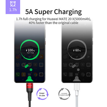 Essager 5A USB Type C кабел за Huawei P40 P30 Pro Mate 30 Supercharge USBC USB-C зарядно за бързо зареждане Type-C Кабел за данни