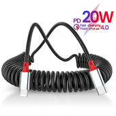 1,8M PD 20W spyruoklinis USB C kabelis, skirtas iPhone greito įkrovimo 8 kontaktų iki C tipo ištraukiamas kabelis, skirtas iPhone 14 13 12 Pro Max duomenų kabeliui