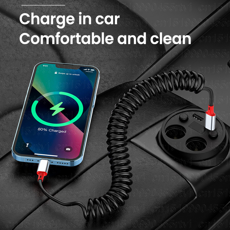 1,8M PD 20W spyruoklinis USB C kabelis, skirtas iPhone greito įkrovimo 8 kontaktų iki C tipo ištraukiamas kabelis, skirtas iPhone 14 13 12 Pro Max duomenų kabeliui