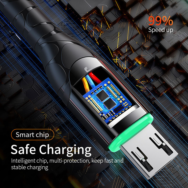 Essager LED Micro USB kabelis 3A greito įkrovimo įkroviklis Microusb, skirtas Samsung Xiaomi Data Wire Laidas Android mobiliojo telefono kabelis 3M 2M