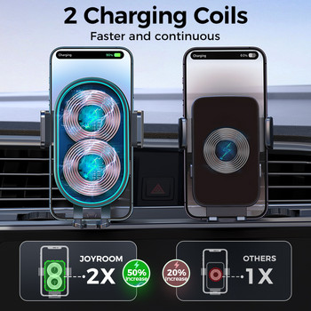 Joyroom 15W безжично зарядно за кола Стойка с двойна намотка Автоматично затягане Стойка за държач за телефон за кола Безжично зареждане за iPhone 14 13 Pro Max